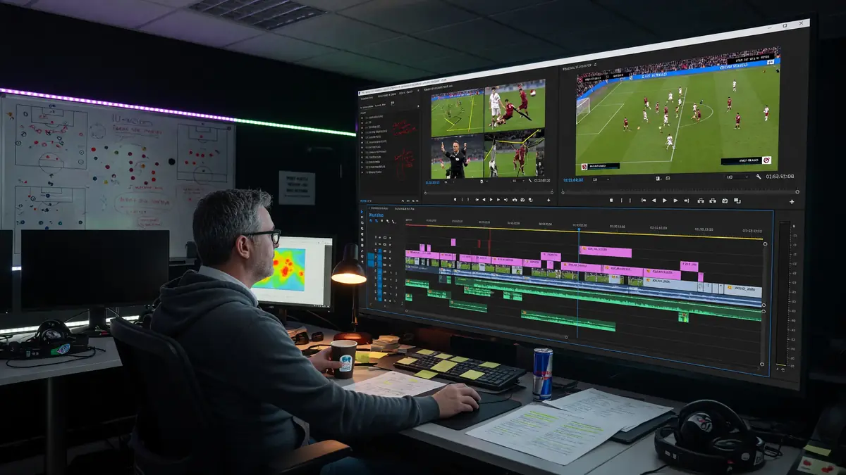 Analyst reviewing match footage on a large monitor with frame markers