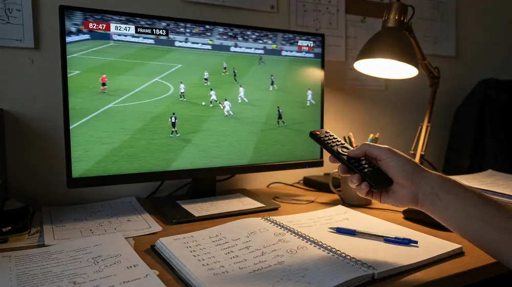 VOD study timeline on a multi-monitor analyst desk