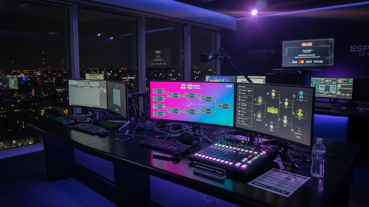 Night broadcast desk with monitors showing bracket diagrams and match feeds