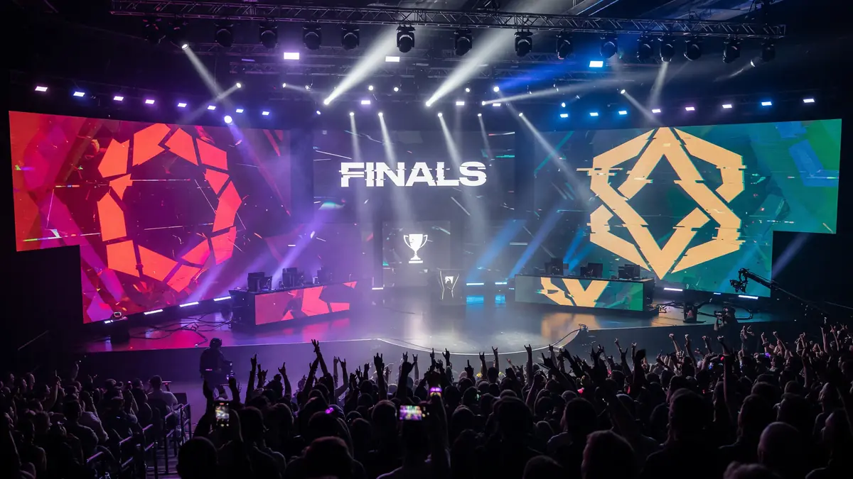 Tournament stage with overhead truss lighting, large LED walls and a sold-out crowd