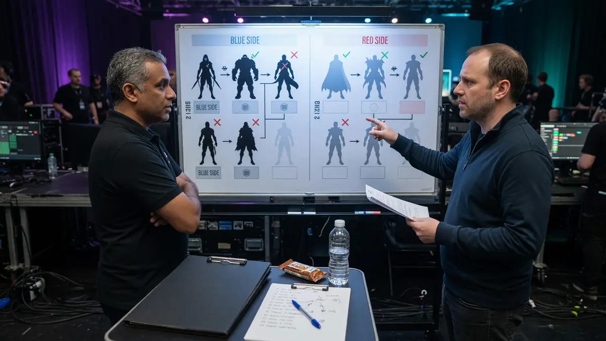 Analyst desk during draft phase with notes and match feeds