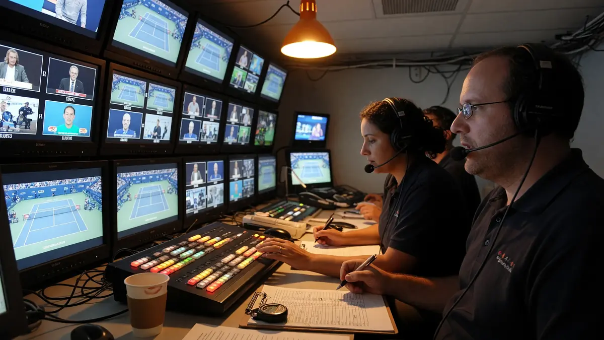 Control room monitors during a broadcast update