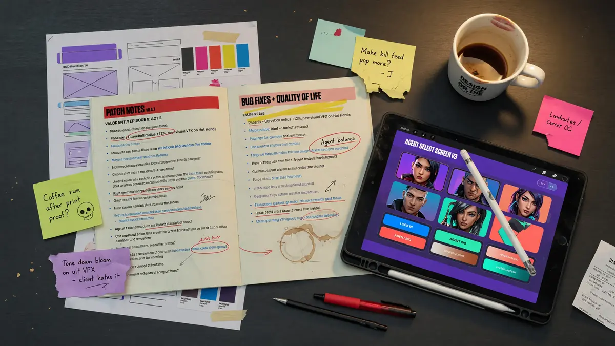 Editorial patch notes and reference documents spread across a desk