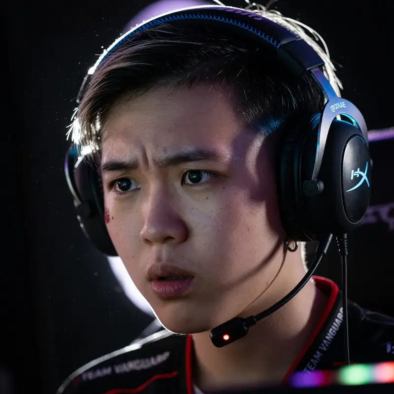 Close portrait of a focused player wearing a headset