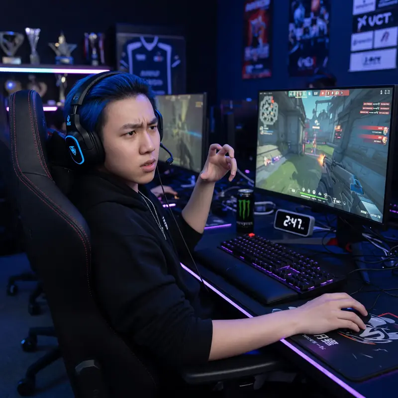 Player at a monitor with a defensive posture