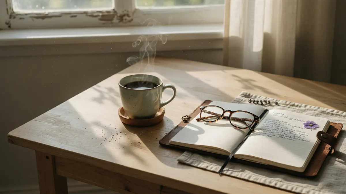 Quiet coffee cup and notebook on a desk suggesting calm reflection