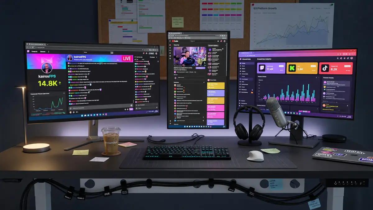 Analyst desk with multiple monitors showing streaming platform UIs