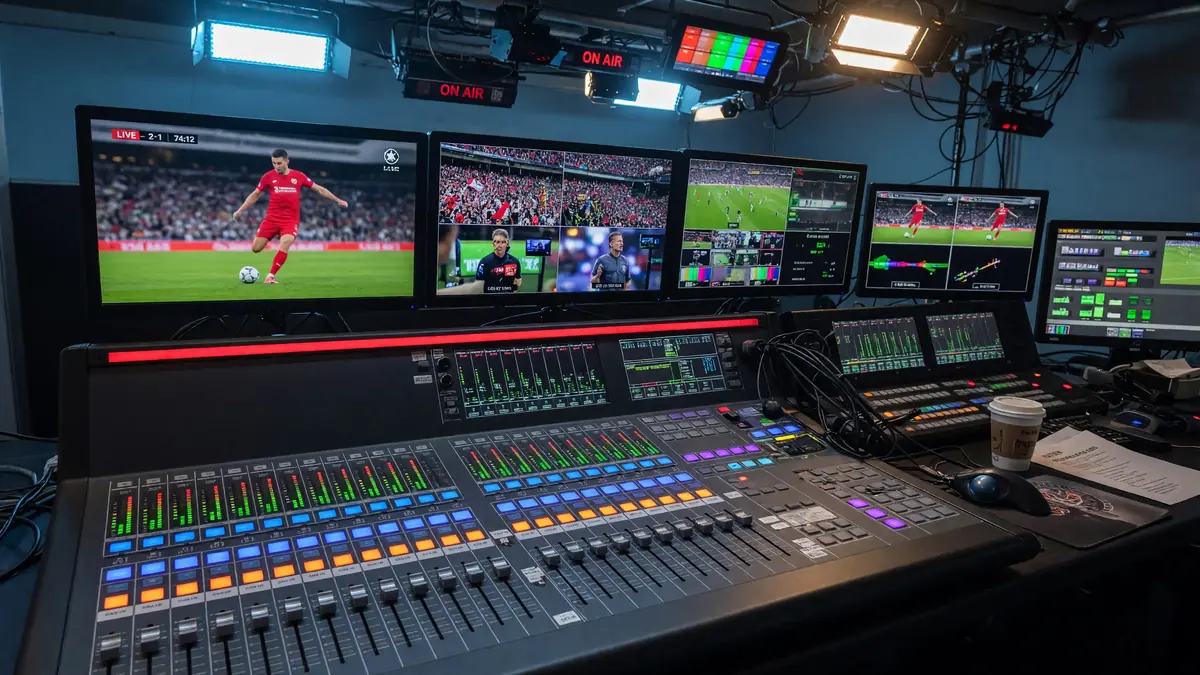 Broadcast audio mixer and monitors showing match feeds