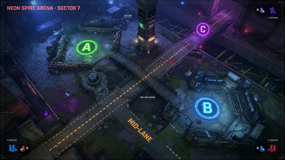 Top-down Map A layout with objective markers and rotation corridors