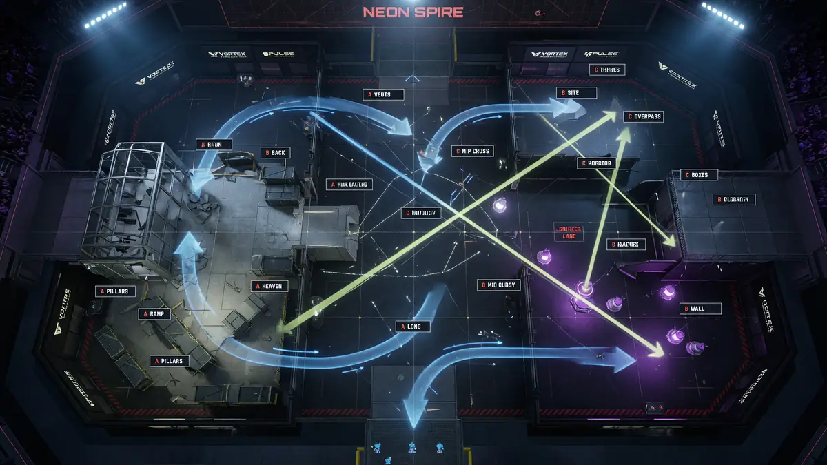Top-down cinematic map of a different fictional map layout with rotations visible