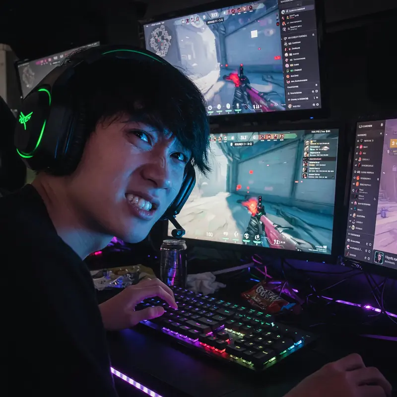 Player mid-game at a multi-monitor setup in dim lighting