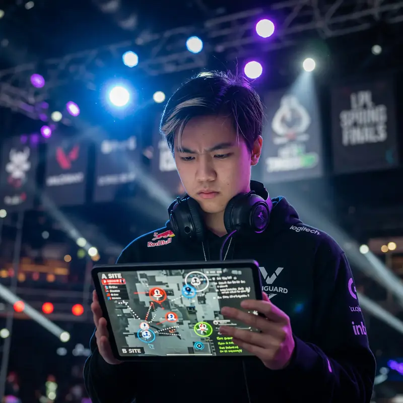 Player reviewing tactics on a tablet with stage lights in the background