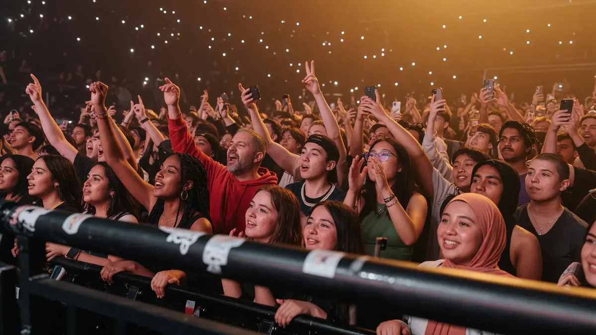 Wide arena crowd under truss lighting