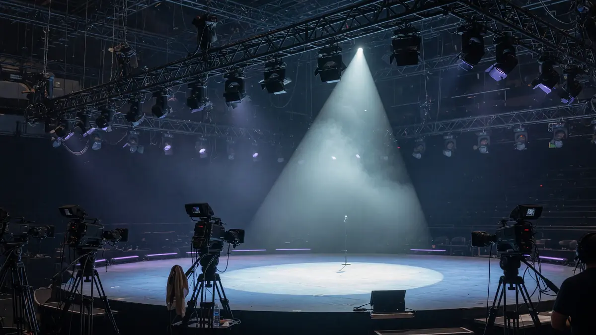 Tournament stage with a single team booth under dramatic lighting